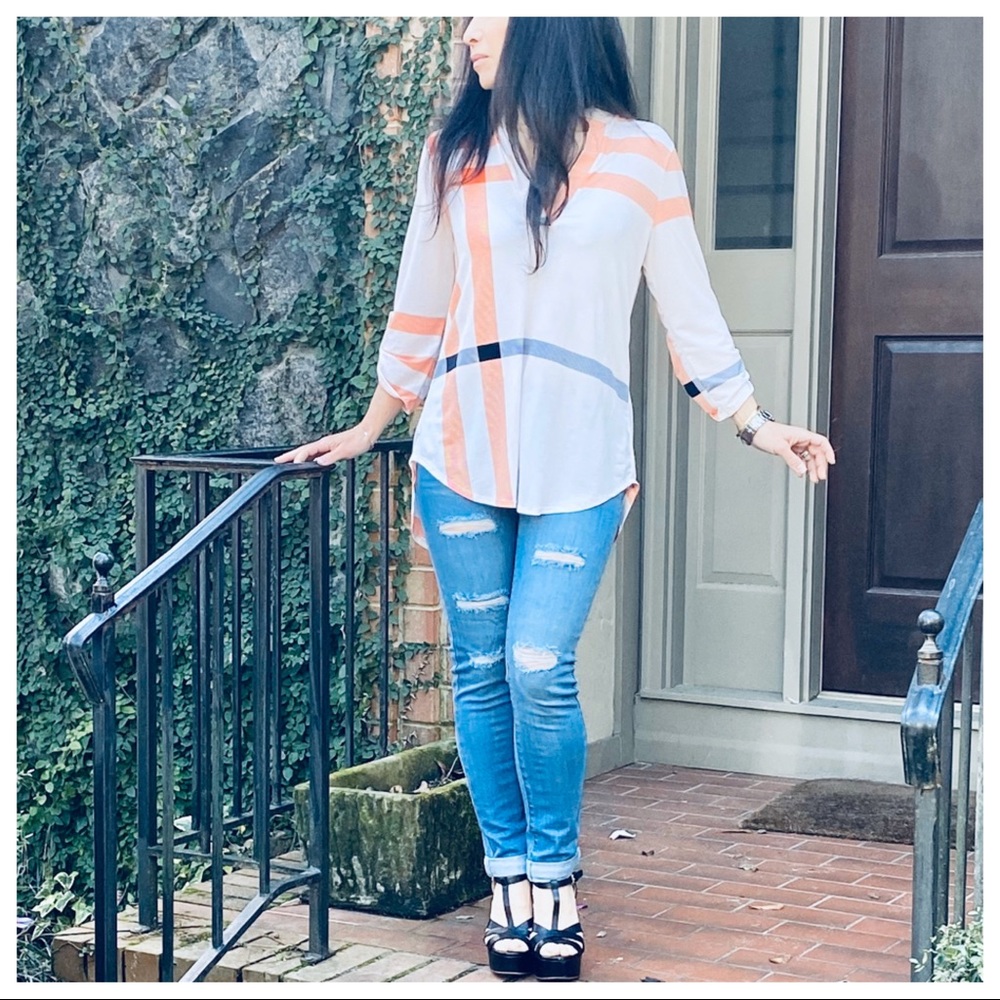 Beige inspired plaid rolled sleeves tunic top - Picture 15 of 16